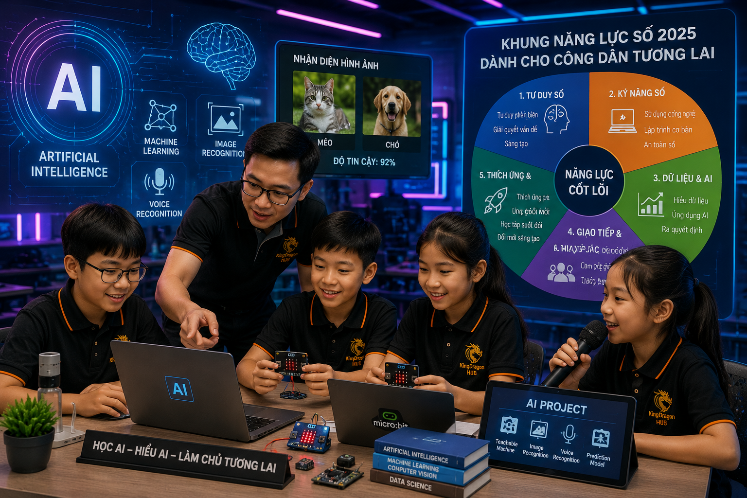 Hình ảnh giáo viên dạy nhóm học sinh tiểu học sử dụng laptop và micro:bit để học AI cơ bản, biểu tượng AI và biểu đồ khung năng lực 2025, ánh sáng cyberpunk nhẹ.